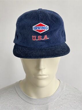 Vintage Irving USA Corduroy Snapback Hat Cap Navy Red Blue Made In Canada